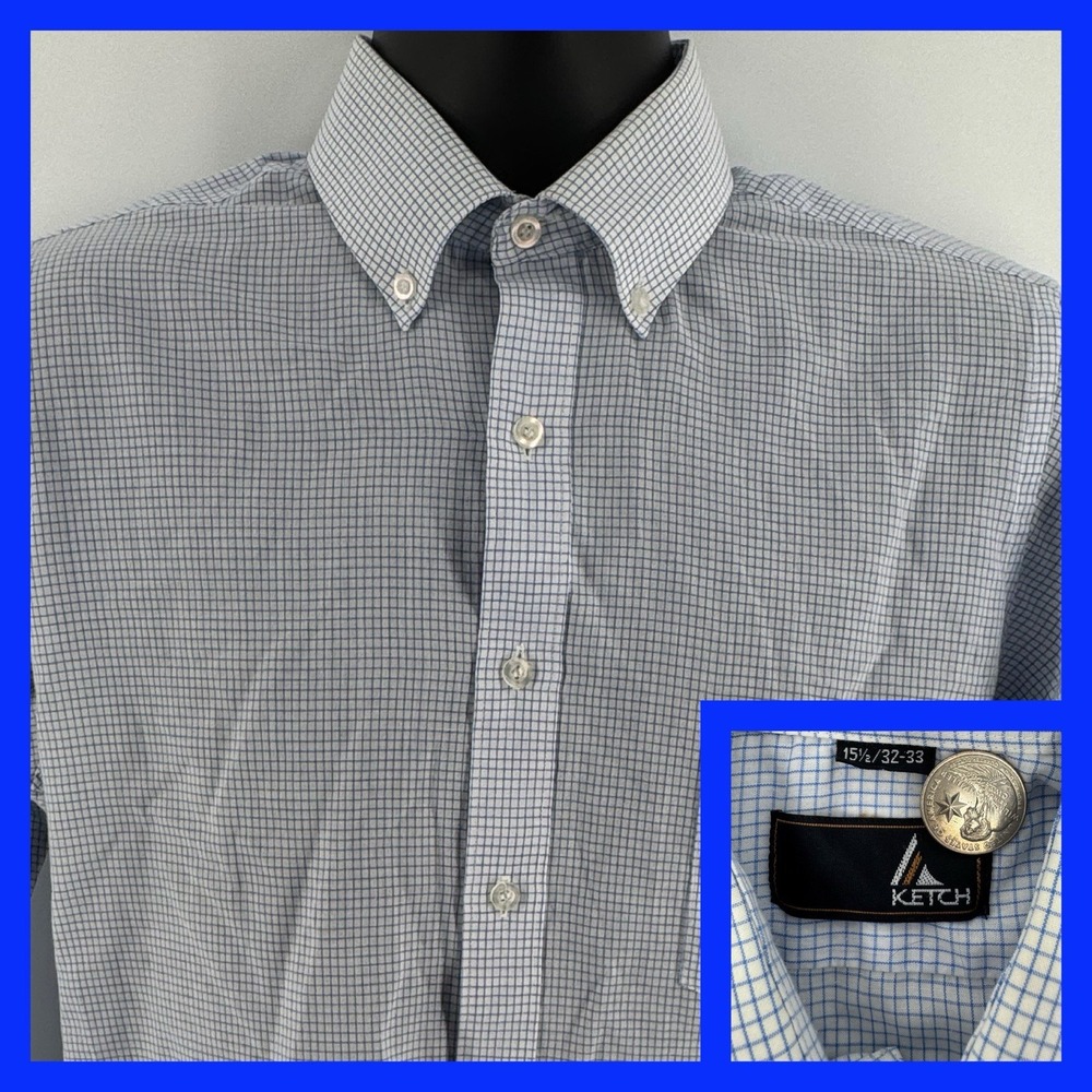 Ketch Button Down Shirt Mens 15.5 32-33 Blue White Micro Check Long Sleeve